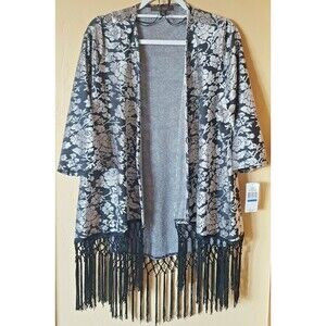 NWT FEVER Size XL Black White Floral Textured Duster Cardigan Fringe Boho